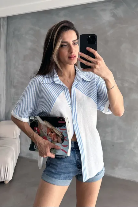 Topshow Blue Stripe Detailed Low Sleeve Wholesale Shirt