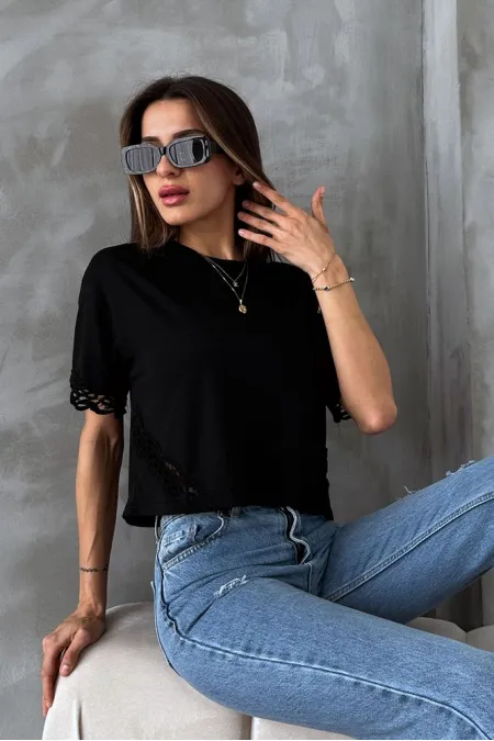 Topshow Siyah Dantel Detaylı Toptan Tişört