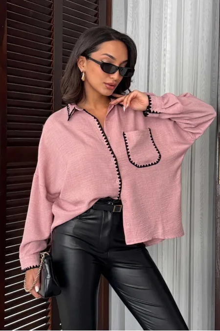 Topshow Powder Pink Black Embroidered Pocketed Linen Wholesale Shirts