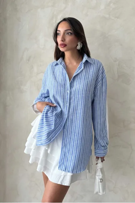 Chemise rayée en lin - Bleu clair | Topshow | F1917