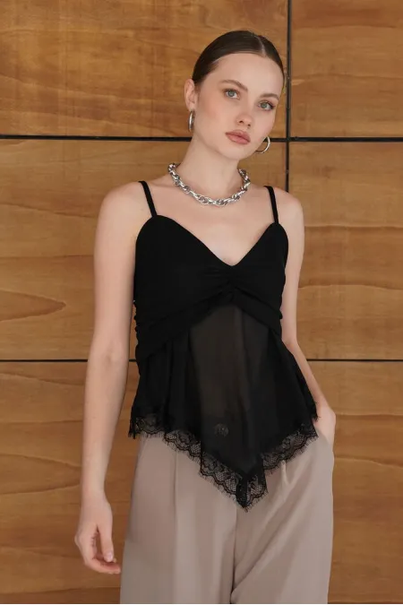Strappy Lace Detail Tulle Wholesale Blouse - Black | D2979 - Topshow