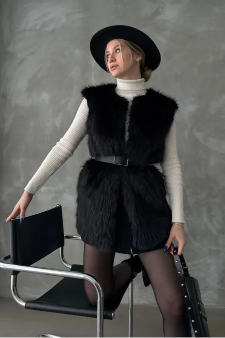 Topshow Siyah Tüylü Toptan Yelek | F1567