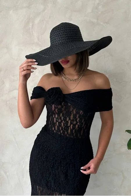 Wholesale Evening Blouse with Rose Detail Lace - Black | TOPSHOW