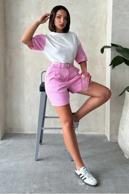 Pullu Kot Şort - Pembe | Topshow