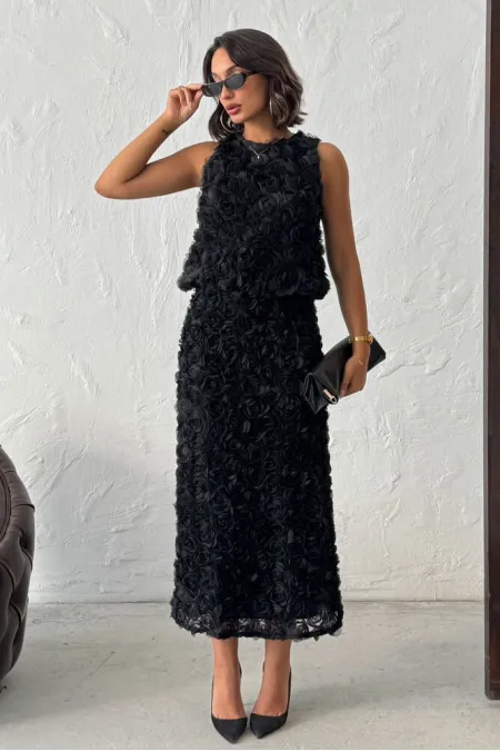 Topshow - Toptan Gül Süzüneli Etek - Siyah