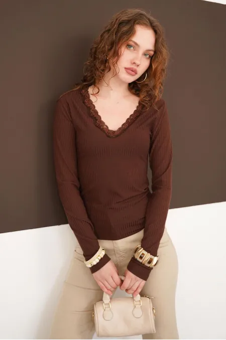 Wholesale Blouse with Lace Detail Collar - Coffee | F2088 - Topshow