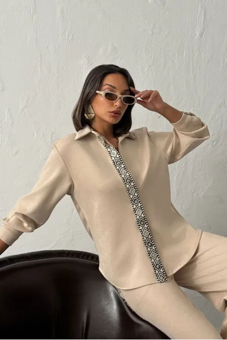 Topshow Stripe Detailed Scuba Suede Shirt - Stone | F1973