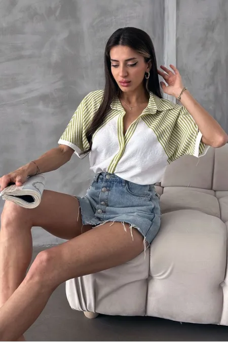 Topshow Pistachio Green Striped Detailed Low Sleeve Wholesale Shirt