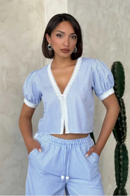 Striped Blouse with Guipure Detail - Blue | Topshow