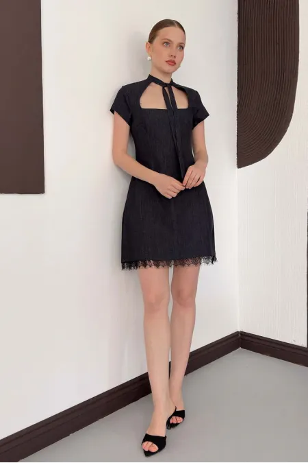 Dantel Detaylı Kot Elbise - Lacivert | D3041 Topshow