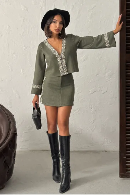 Topshow Şerit Detaylı Scuba Süet Etek - Haki | F1974