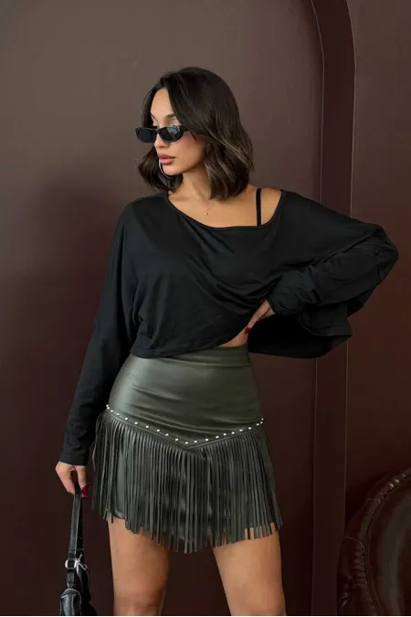 Topshow Western Tarz Püsküllü Mini Deri Toptan Etek - Haki | F2041