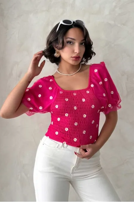 Blouse en mousseline à motifs détaillés fuchsia Topshow Gipe, vente en gros