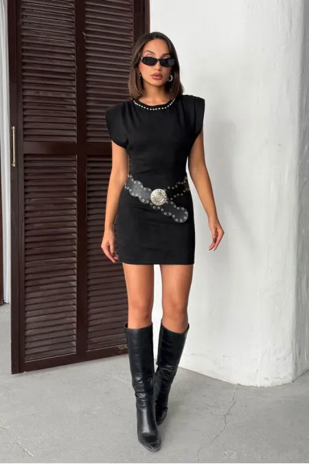 Topshow Drop Belted Scuba Suede Dress - Black | F2028