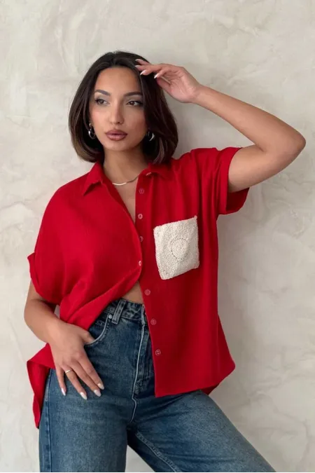 Topshow Red Linen Raw Pocket Applique Pocket Linen Wholesale Shirt