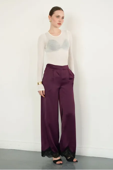 Wholesale Satin Trousers with Lace Hem - Plum | D2969 - Topshow