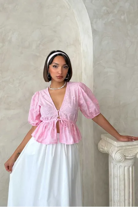 Front-Tie Embroidered Voile Blouse - Pink Topshow