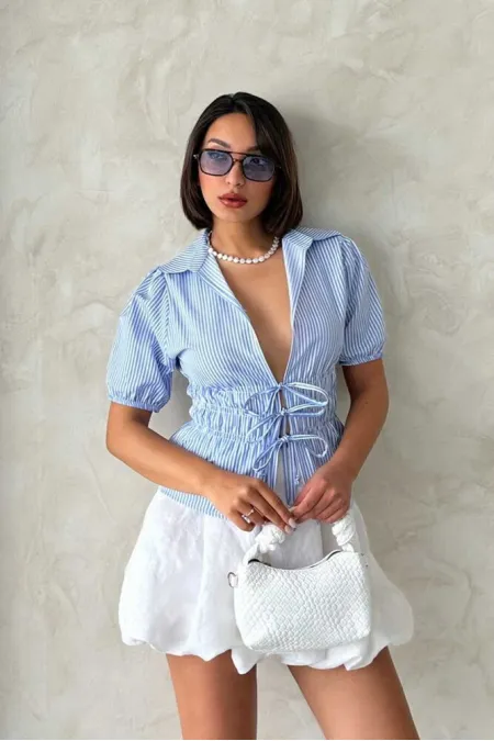 Chemise rayée à nouer sur le devant - Topshow bleu