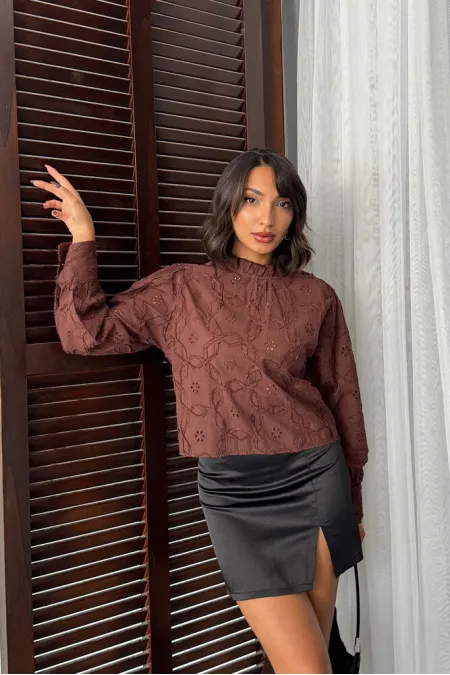 Topshow - Wholesale Embroidered Long Sleeve Women's Blouse - Stylish and Modern - Brown