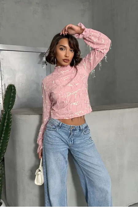 Wholesale Fringed Blouse - Pink | TOPSHOW | F1851