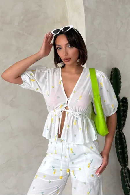 Embroidered Voile Blouse - Yellow | Topshow