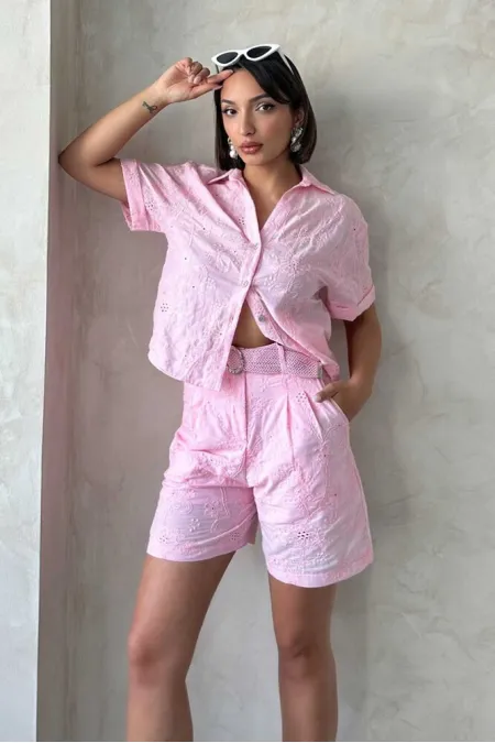 Nakışlı Vual Şort - Pembe Topshow