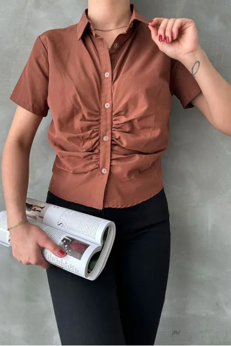 Topshow Brown Gipel Front Gathered Wholesale Blouse