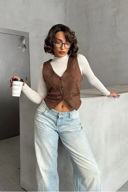 Suet Toptan Yelek - Kahve | TOPSHOW | F1528