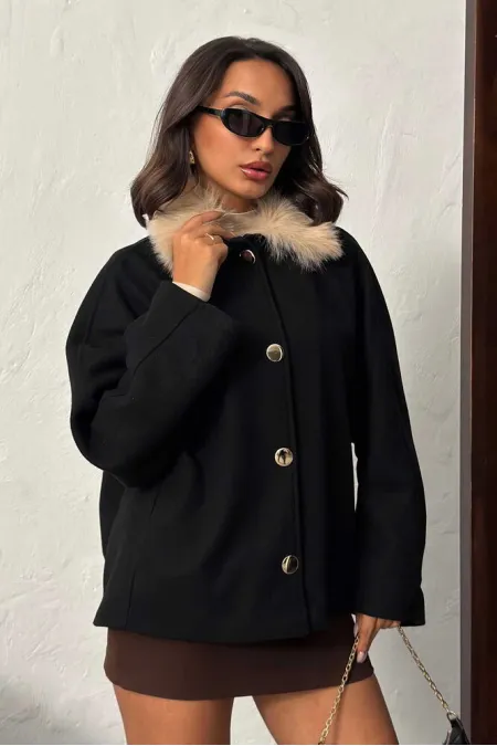 Manteau en cachemire à col peluche et boutons Topshow - Noir | F2048
