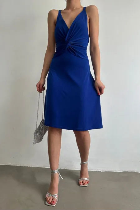 Topshow Saks Askılı V Yaka Diz Üstü Toptan Elbise