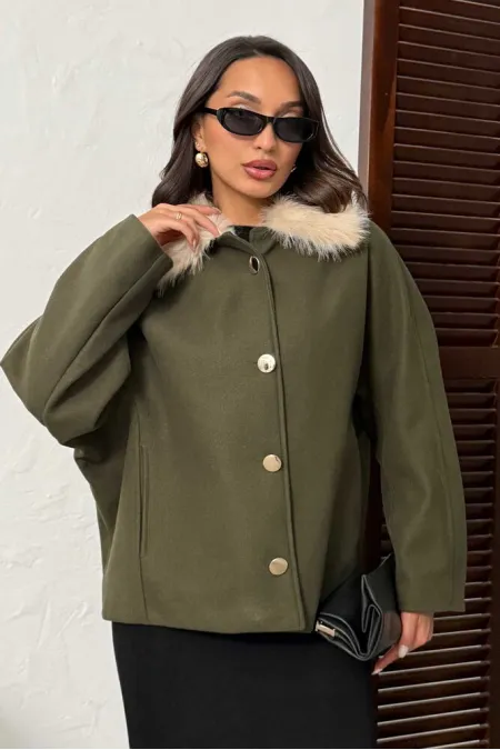 Manteau en cachemire à col peluche et boutons Topshow - Kaki | F2048