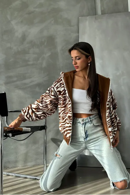 Bakılı Peluj Manteau en gros - Tan Zebra | TOPSHOW | F1650