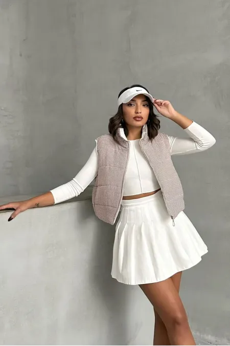 Pitikare Desen Elyaflı Şişme Toptan Yelek - Kahve | TOPSHOW | F1741