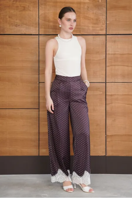 Polka Dot Satin Trousers with Lace Hem - Brown | D2970 - Topshow