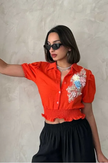 Topshow Orange Floral Chest Linen Wholesale Shirt