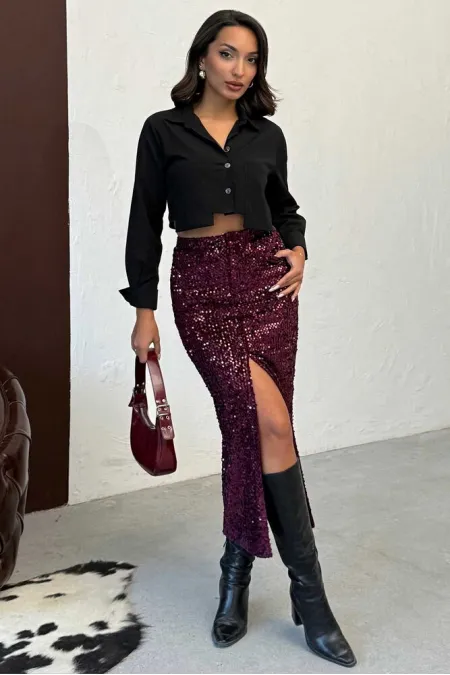 F 2053 SEQUINED VELVET LONG SKIRT - BURGUNDY