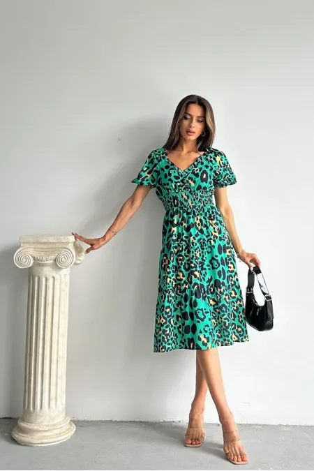 Topshow Emerald Leopard Print Long Wholesale Dress