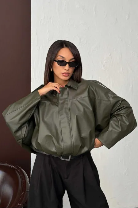 F 2035 FAUX LEATHER JACKET - KHAKI