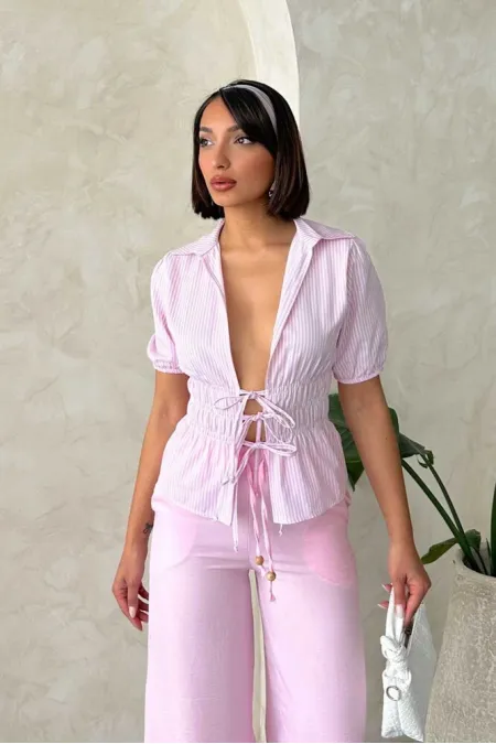 Chemise rayée à nouer sur le devant - Topshow rose