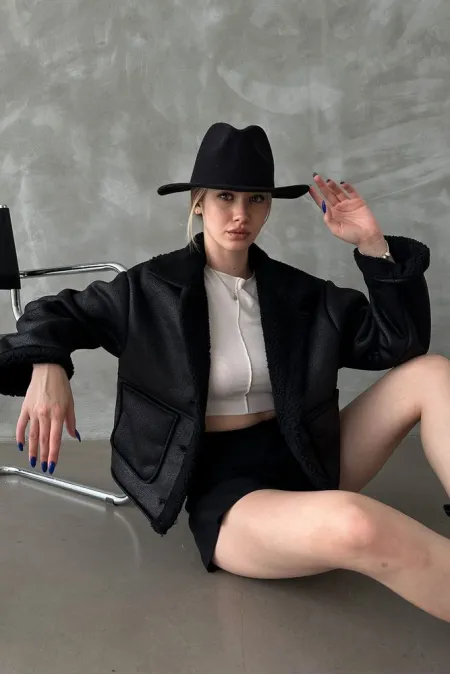 Manteau noir à col en fourrure nubuck (vente en gros) | TOPSHOW | F1553