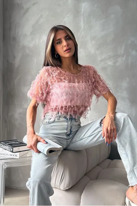 Topshow Powder Glitter Fringed Wholesale Blouse