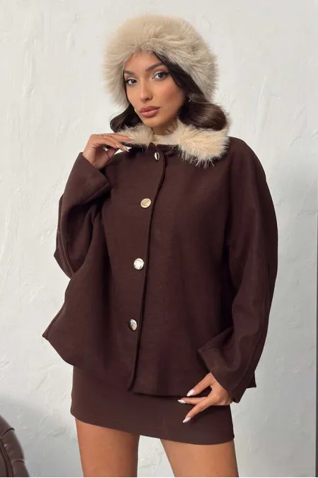 Manteau en cachemire à col peluche et boutons Topshow - Café | F2048