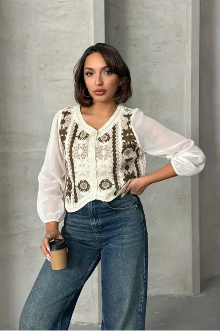 Buttoned Short Wholesale Shirt - Stone | TOPSHOW | F0023