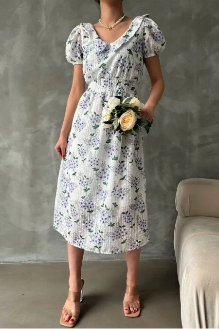 Topshow Purple Embroidery Detailed Patterned Wholesale Dress