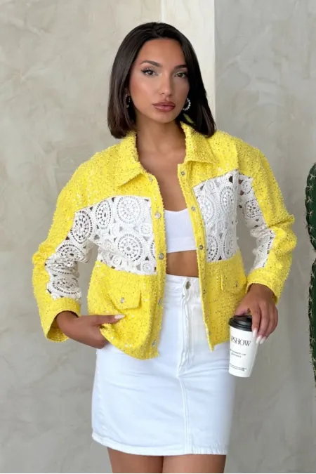 Veste en jean jaune à détails en dentelle | Topshow | F1758