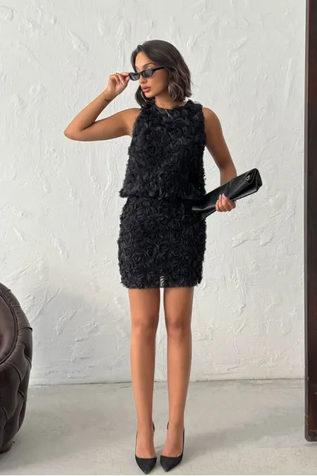 Topshow Siyah Gül Desenli Tül Toptan Etek