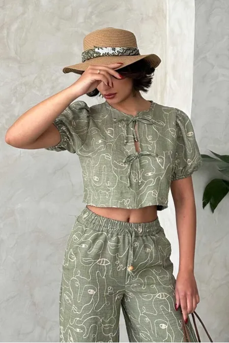 Embroidered Front Tie Wholesale Blouse - Light Khaki | Topshow