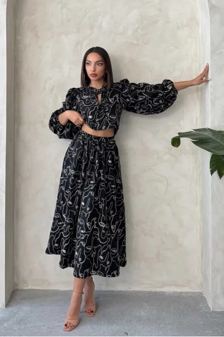 Nakışlı Toptan Etek - Siyah | Topshow | F1901