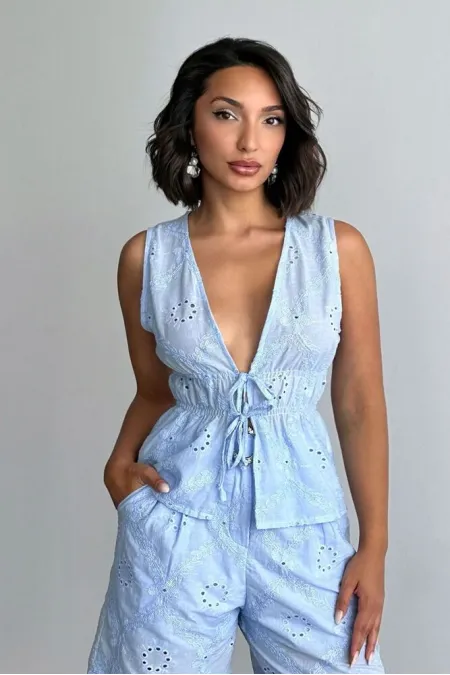 Front-Tie Embroidered Voile Blouse - Blue | Topshow