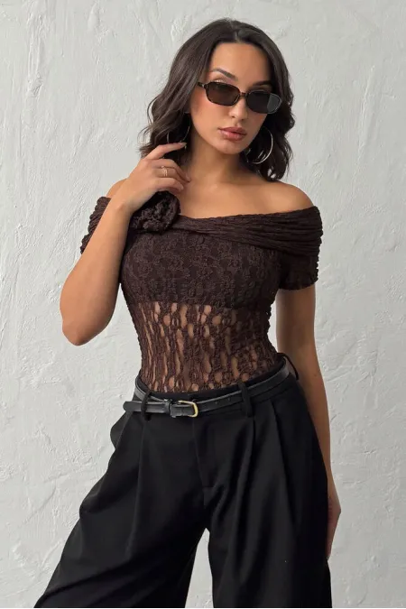 Topshow | Rose Detail Lace Blouse - Coffee | D2749